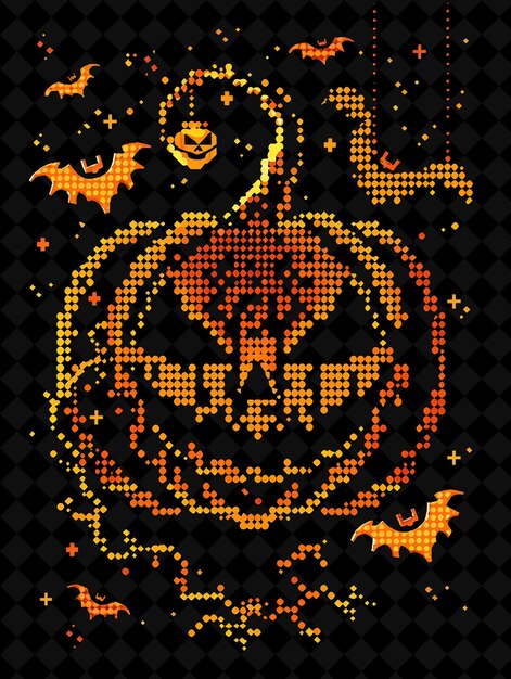 Simple Pumpkin 8 Bit Pixel With Vines and Bats and Zigzag Pa Y2K Shape Neon Color Art Collections