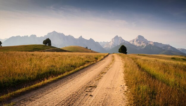 A simple rural landscape with a dirt road leading to distant mountains