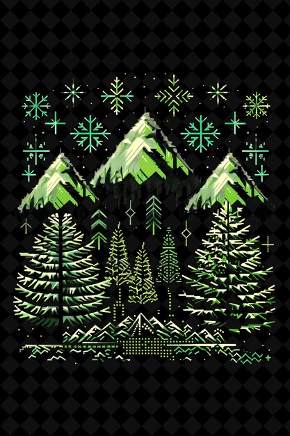 Simple Taiga 16 Bit Pixel With Conifers and Snow and Geometr Y2K Shape Neon Color Art Collections