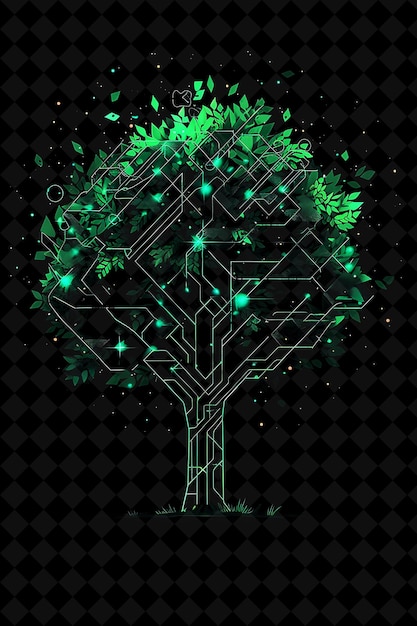 Simple Tree 8 Bit Pixel With Leaves and Branches and Geometr Y2K Shape Neon Color Art Collections