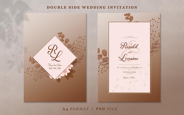 Simple wedding invitation with flowers and leaves on brown gradient background