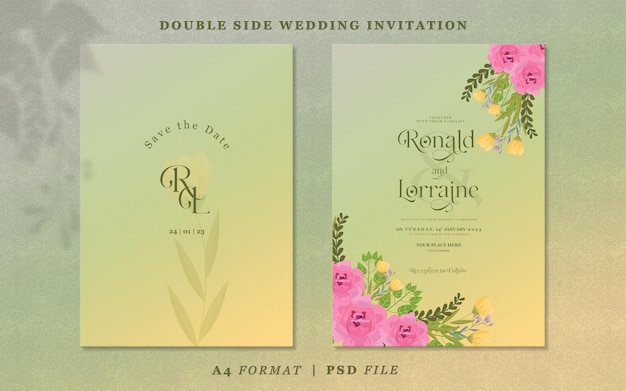 Simple wedding invitation with flowers and leaves on green and yellow gradient color background