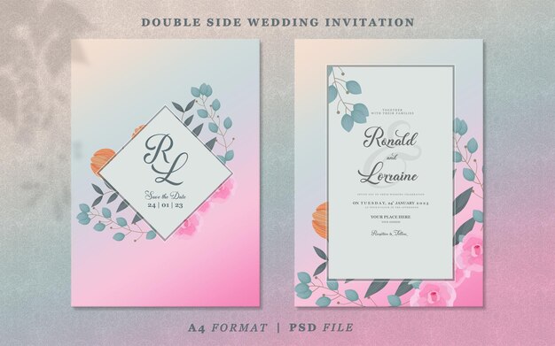 PSD simple wedding invitation with flowers and leaves on pink gradient background