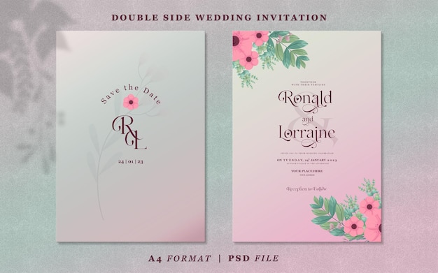 Simple wedding invitation with flowers and leaves on pink gradient color background