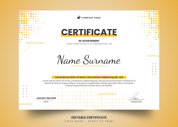 Simple yellow and modern certificate template