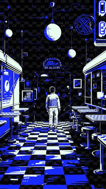 Singer in a Retro Diner With Checkered Floors and Neon Signs Illustration Music Poster Designs