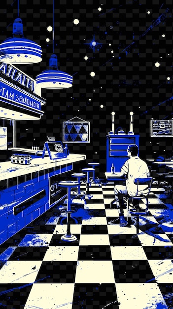 Singer in a Retro Diner With Checkered Floors and Neon Signs Illustration Music Poster Designs