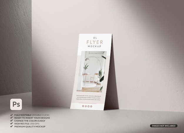 Single flyer mockup leaning on a wall with shadows in the background for branding presentation and stationery design in realistic 3D illustration