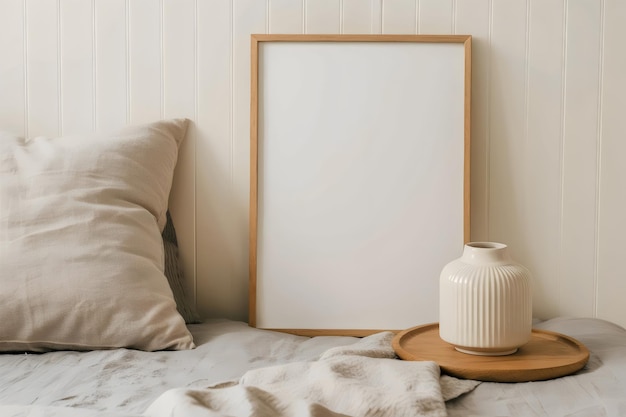 Single mockup wooden frame close up in bedroom beige and white interior for your wall art