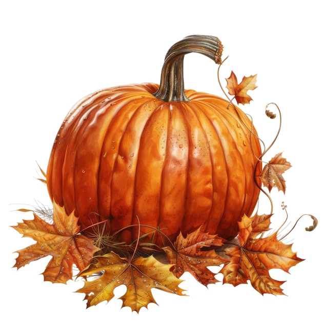 A Single Orange Pumpkin Surrounded by Autumn Leaves