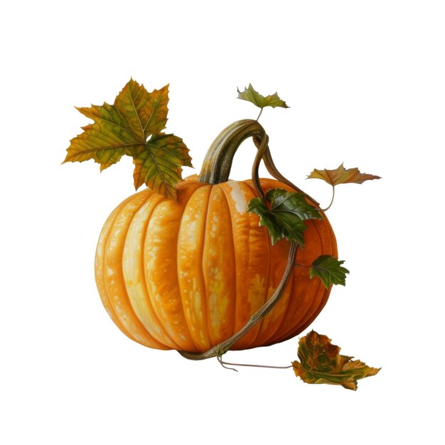 A Single Orange Pumpkin with Autumn Leaves and Vine