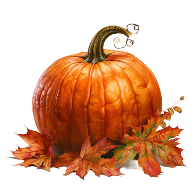 A Single Orange Pumpkin with Autumn Leaves