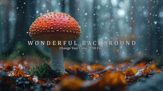 PSD a single red mushroom in a snowy forest