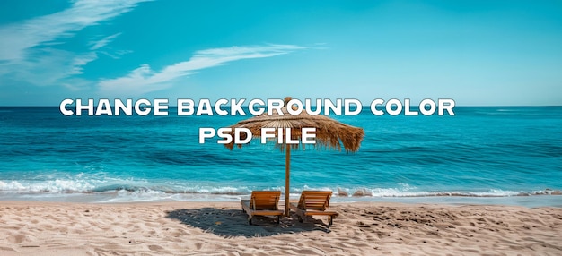 PSD single straw umbrella on a serene sandy beach with blue ocean