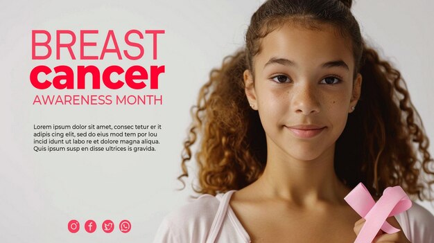 PSD a site blank banner breast cancer awareness with a girl holding a pink ribbon on her breast with a w