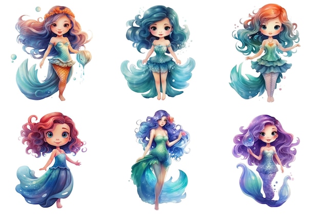 PSD six adorable cartoon mermaid girls with colorful tails