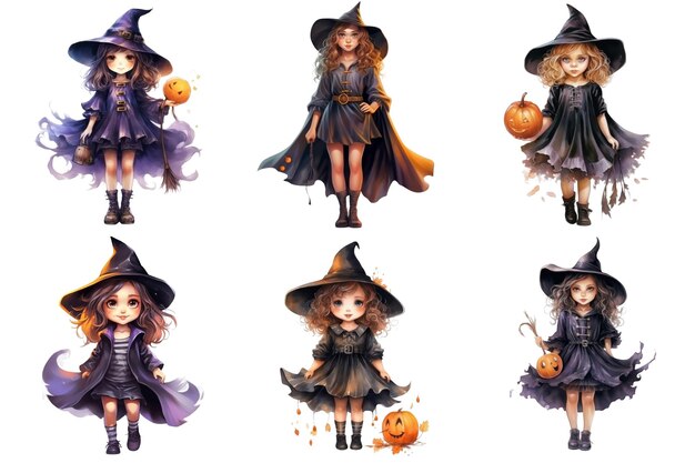 PSD six adorable witches in black and purple robes holding pumpkins