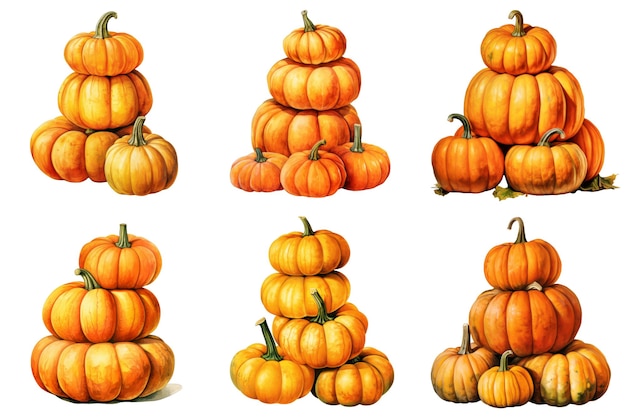 Six Arrangements of Pumpkins Stacked and Scattered