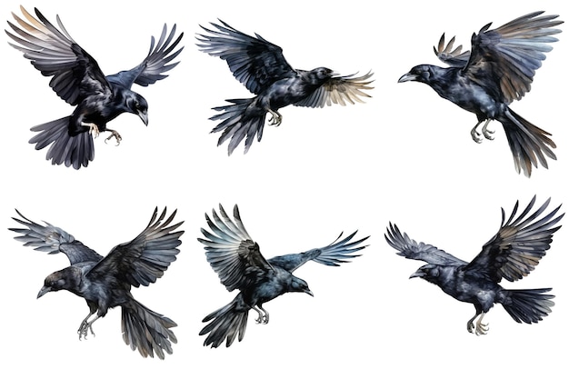 Six Black Ravens in Flight Displaying Diverse Wing Positions