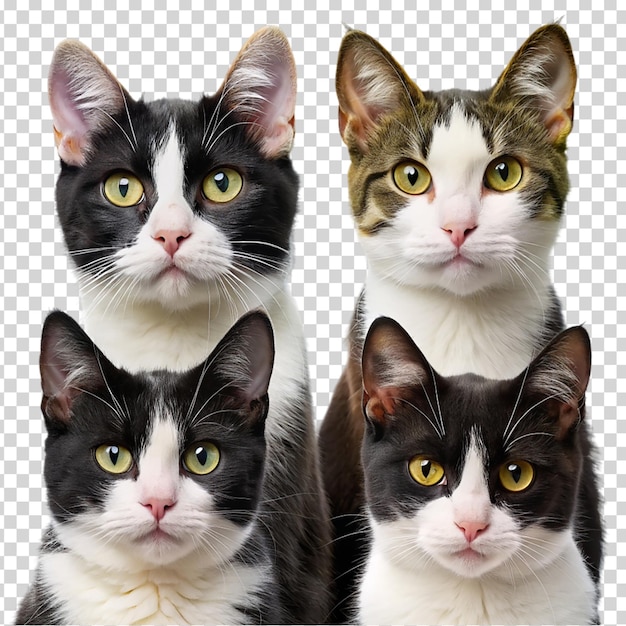 PSD six cats with different colored eyes on transparent background