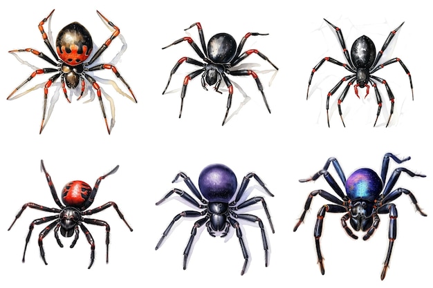 PSD six detailed illustrations of different species of spiders