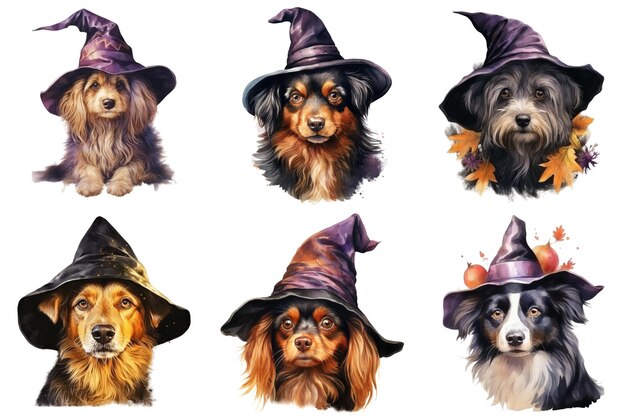 Six Dogs Dressed as Witches for Halloween