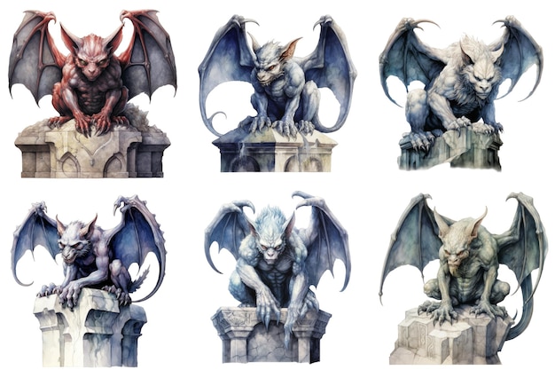 Six Gargoyles of Different Colors Sitting on Stone Plinths