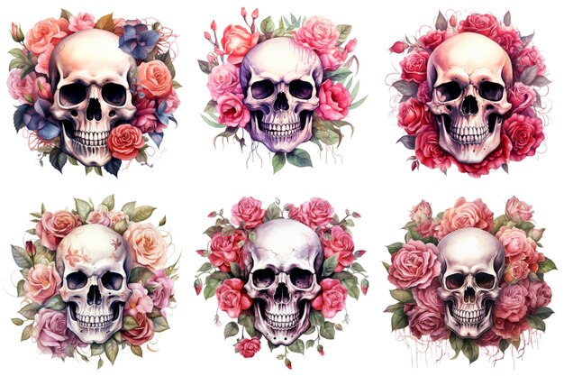 PSD six human skulls adorned with pink roses