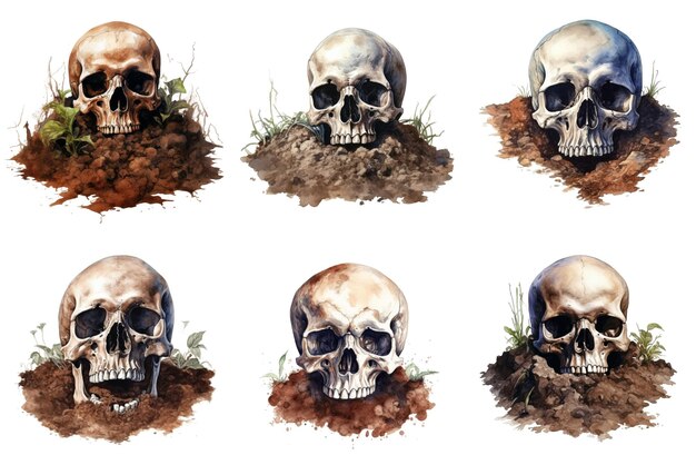 PSD six human skulls partially buried in soil with green plants