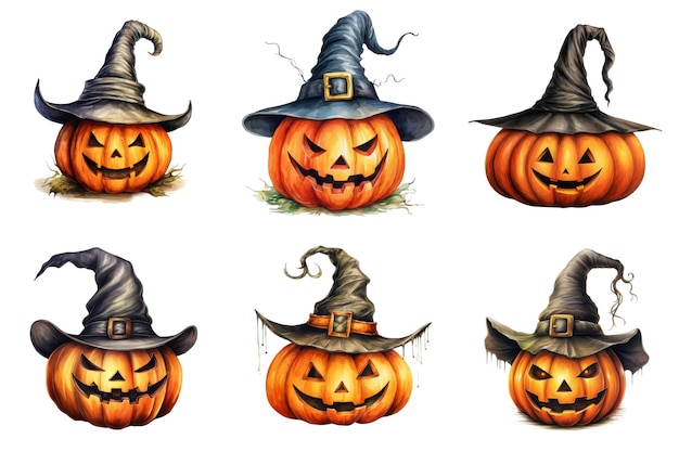 Six JackoLanterns Wearing Witch Hats