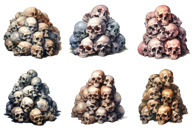 PSD six piles of human skulls against a black background