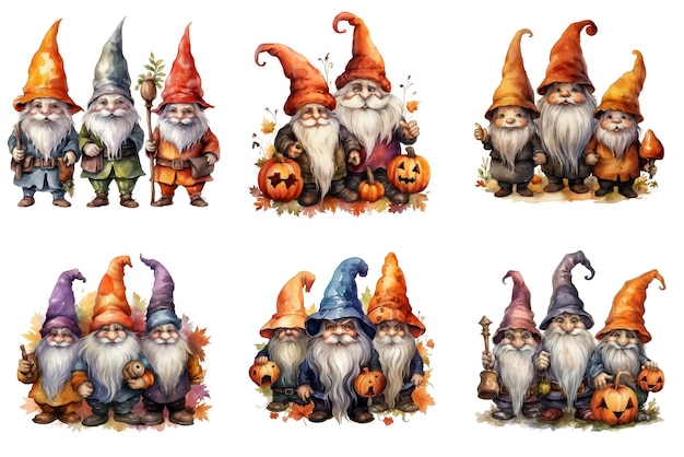 Six Sets of Three Gnomes Holding Pumpkins for Halloween