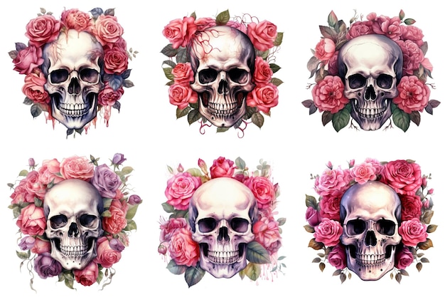 PSD six skulls adorned with pink roses