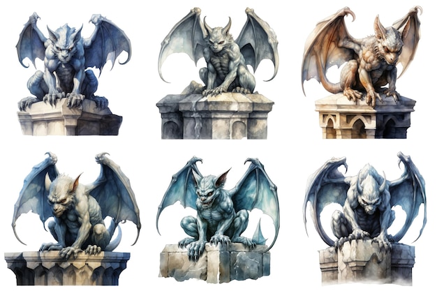 PSD six stone gargoyles with wings perched on stone bases