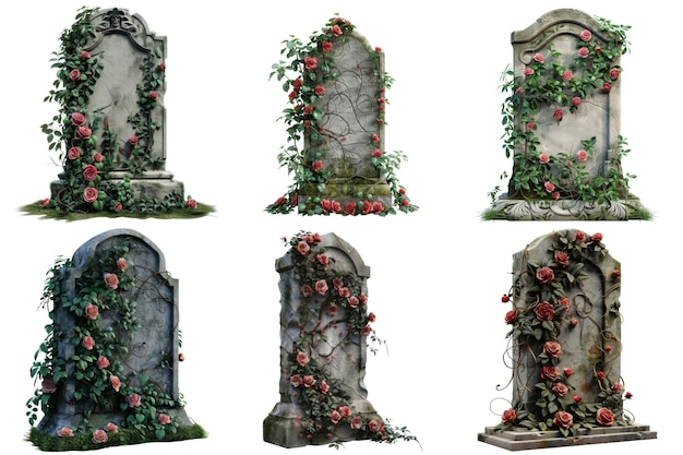 PSD six stone tombstones covered in pink roses and vines