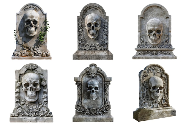 PSD six stone tombstones with carved skulls