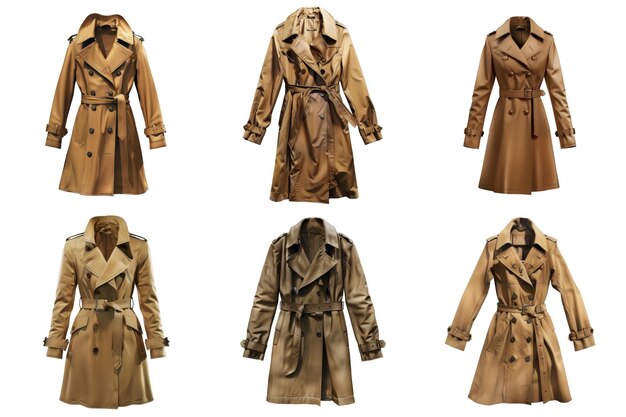 PSD six tan trench coats displayed in a row