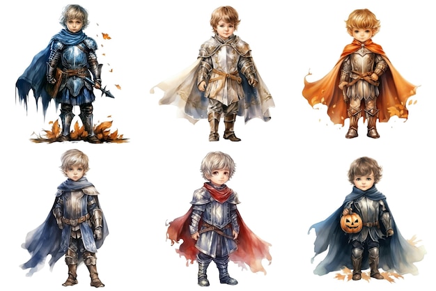 PSD six young knights in different armor and cloaks