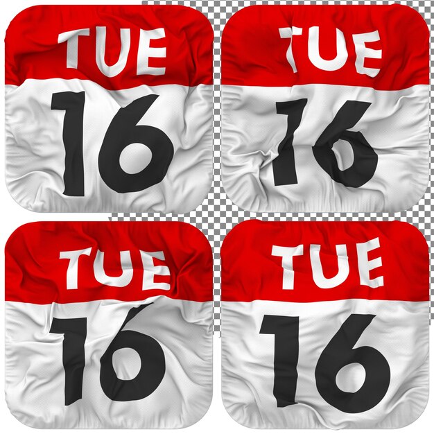 Sixteenth 16th Tuesday Date Calendar Icon Isolated Four Waving Style Bump Texture 3D Rendering