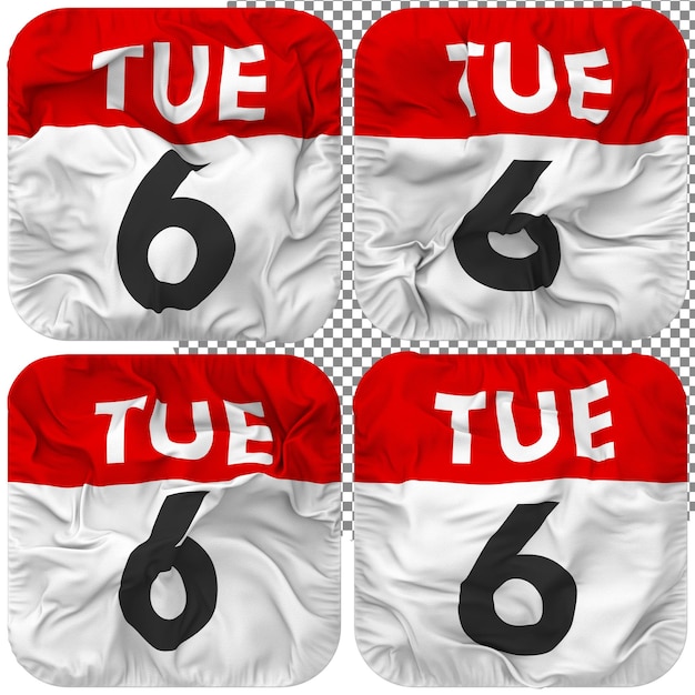 Sixth 6th Tuesday Date Calendar Icon Isolated Four Waving Style Bump Texture 3D Rendering