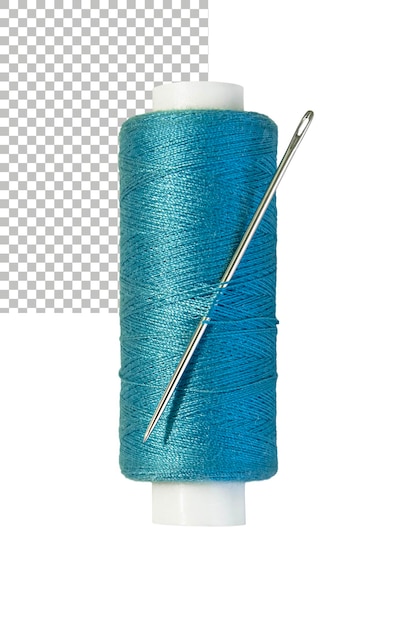 A skein of blue thread with a sewing needle isolated on a transparent background