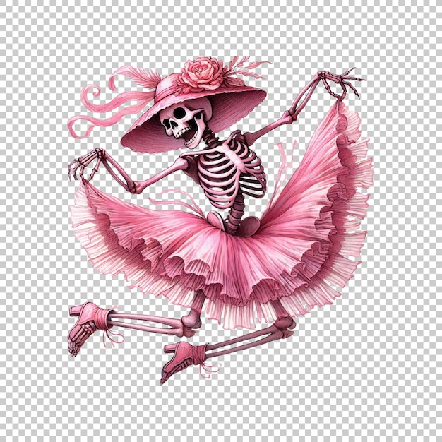 PSD skeleton ballerina in pink tutu and widebrimmed hat isolated on transparent background