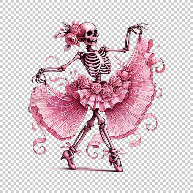 PSD skeleton ballerina with roses and flowing dress isolated on transparent background