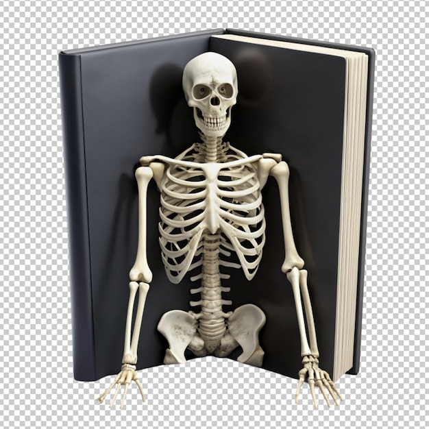 PSD skeleton book black and white isolated on transparent background