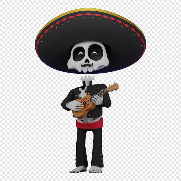 Skeleton in a Mexican male costume with a sombrero playing the ukulele concept of El Dia de Muertos