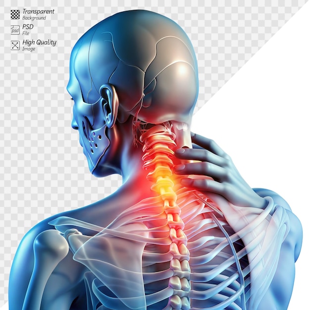 Skeleton model showing highlighted neck area demonstrating neck pain