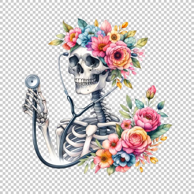 PSD skeleton nurse with floral crown and stethoscope isolated on transparent background