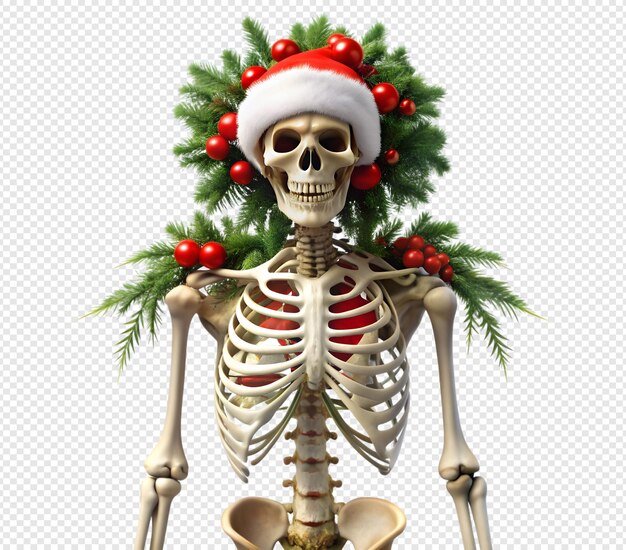 PSD a skeleton wearing a santa hat with a wreath on it