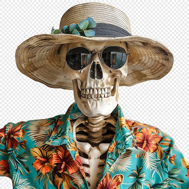 Skeleton wearing tropical shirt glasses and hat on isolated transparent background