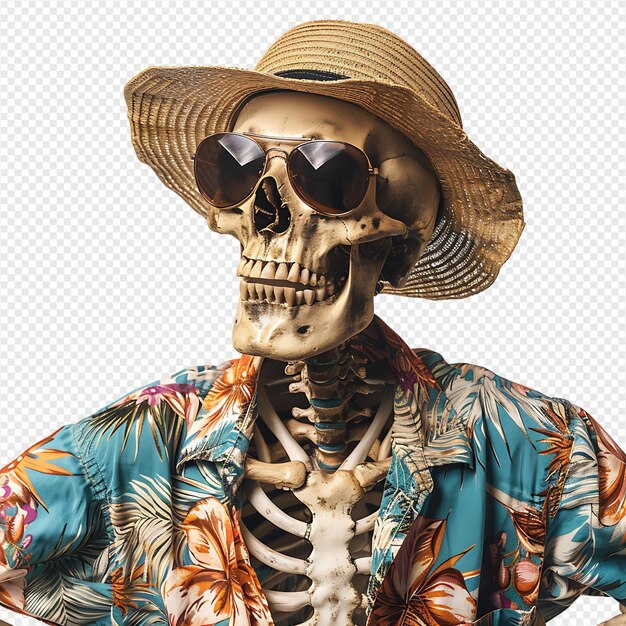 Skeleton wearing tropical shirt glasses and hat on isolated transparent background